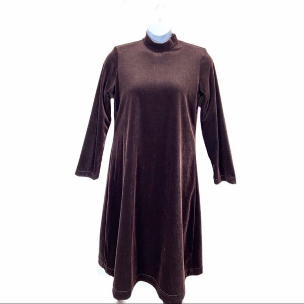 Velour 80s High Neck Dress Vintage Brown Velour A Line Swing Dress Mock Neck